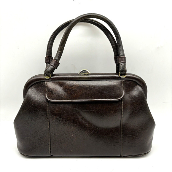 Vintage 70s KADIN Brown Faux Leather Daytime Pocketbook Frame Bag 14x9" USA Made - Picture 1 of 16